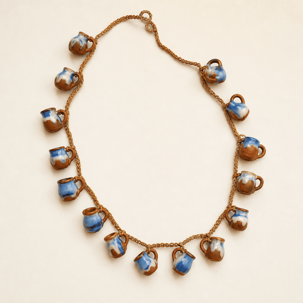 Jarrito de Barro, a 26-inch one-of-a-kind collar of miniature ceramic mugs on golden cord.